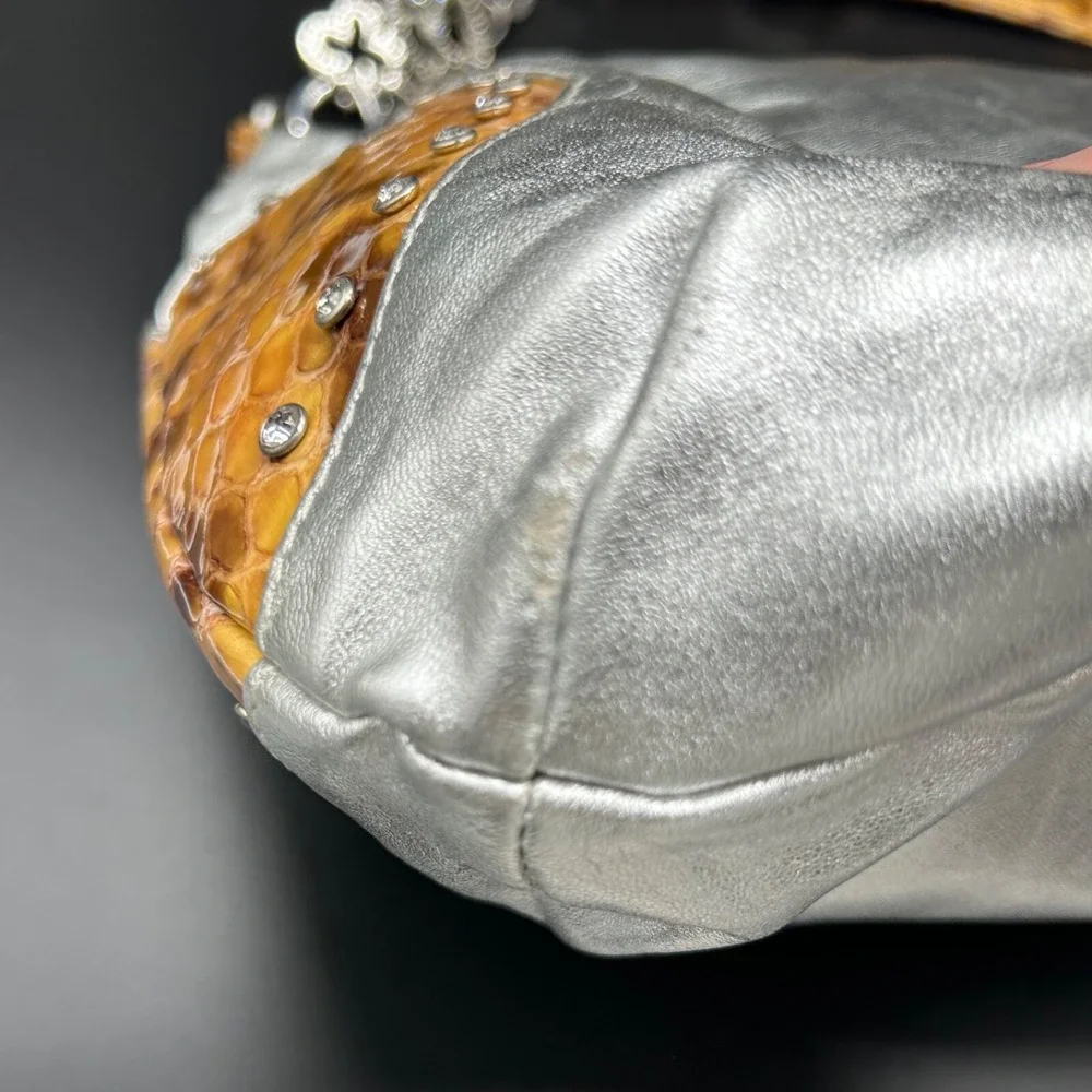 Charm And Luck Silver Leather Handbag Reptile Accent Rhinestone Hobo Rare Unique